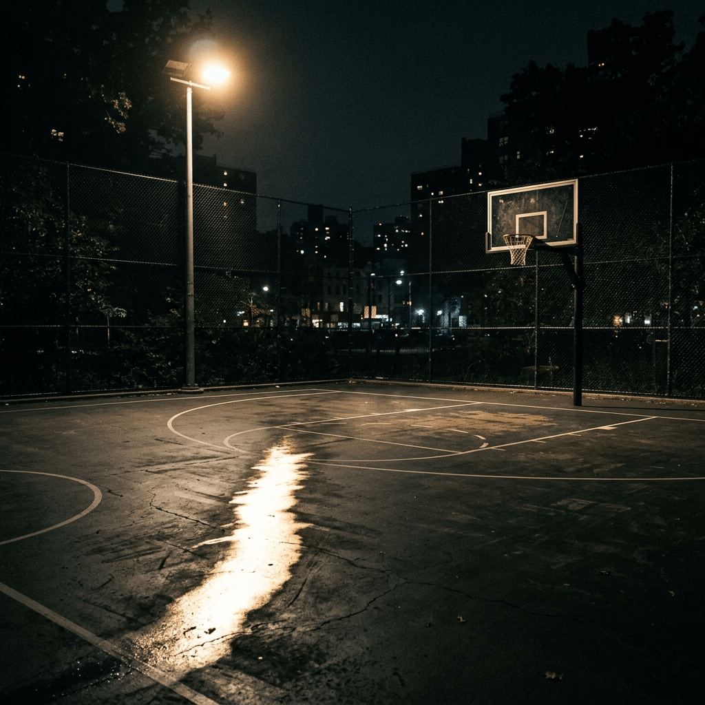 Empty outdoor basketball court at night with wet ground reflecting light